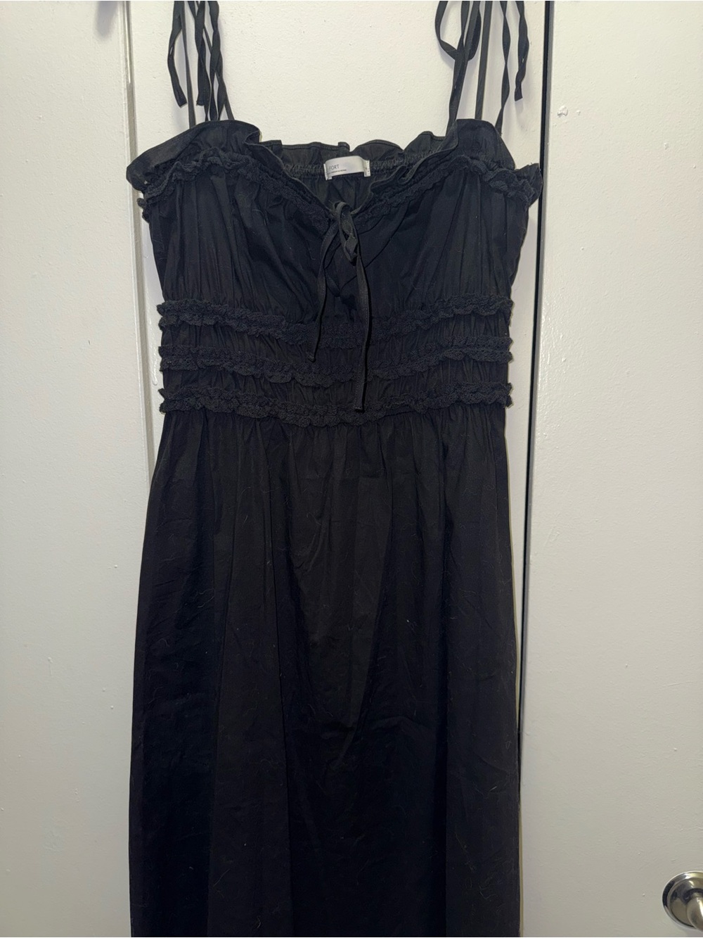 OAK + FORT Black Smocked Strapless Midi Dress with Tie Straps